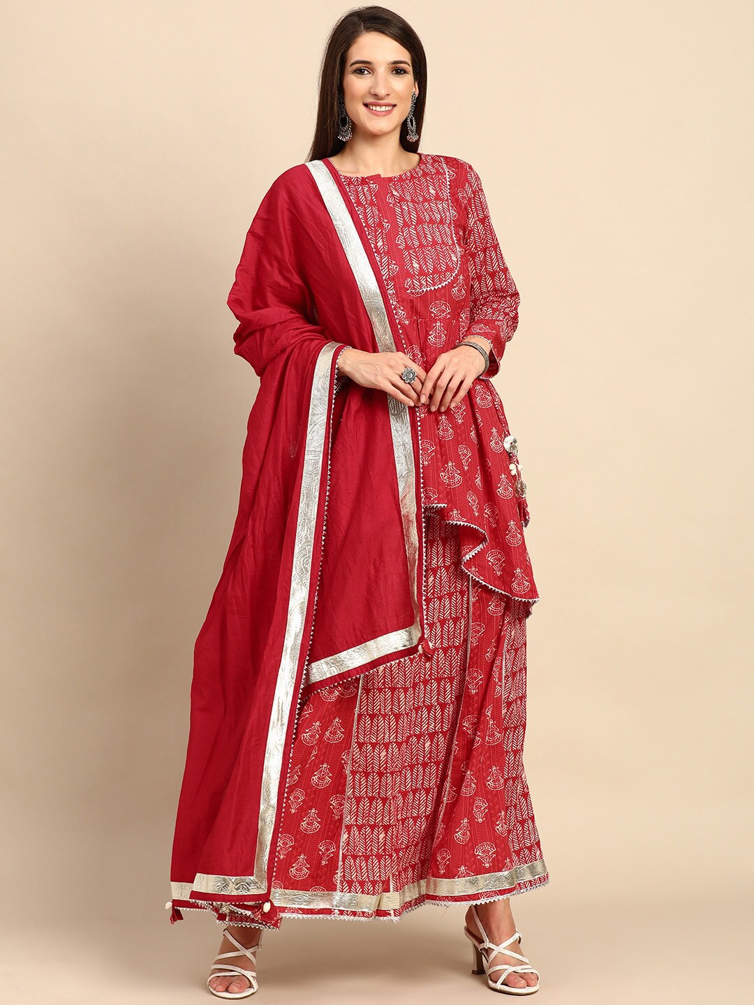 

KALINI Floral Printed Gotta Patti Pure Cotton Kurta With Palazzos & Dupatta, Red