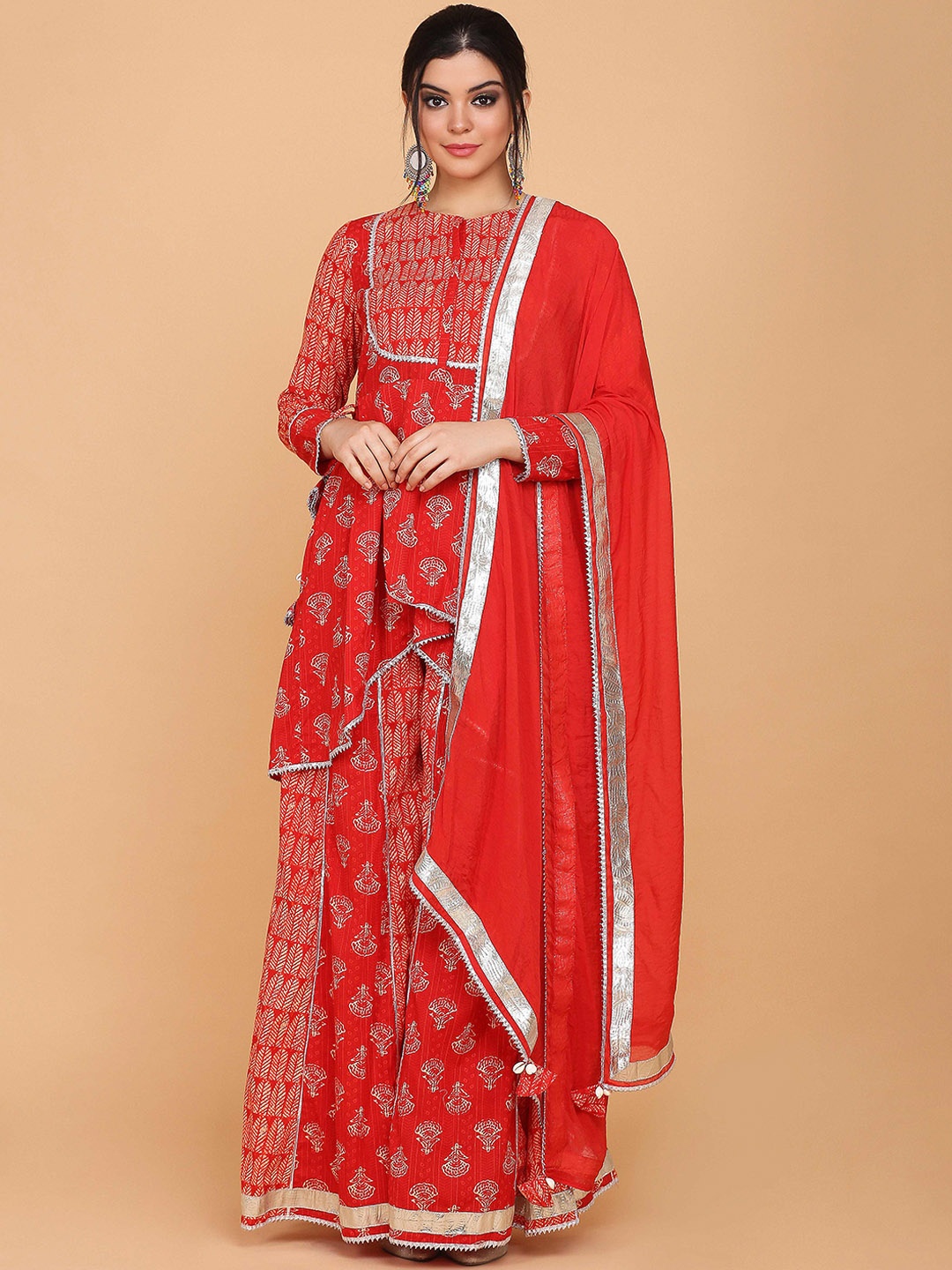 

KALINI Ethnic Motifs Printed Pure Cotton Kurti With Palazzos & Dupatta, Red