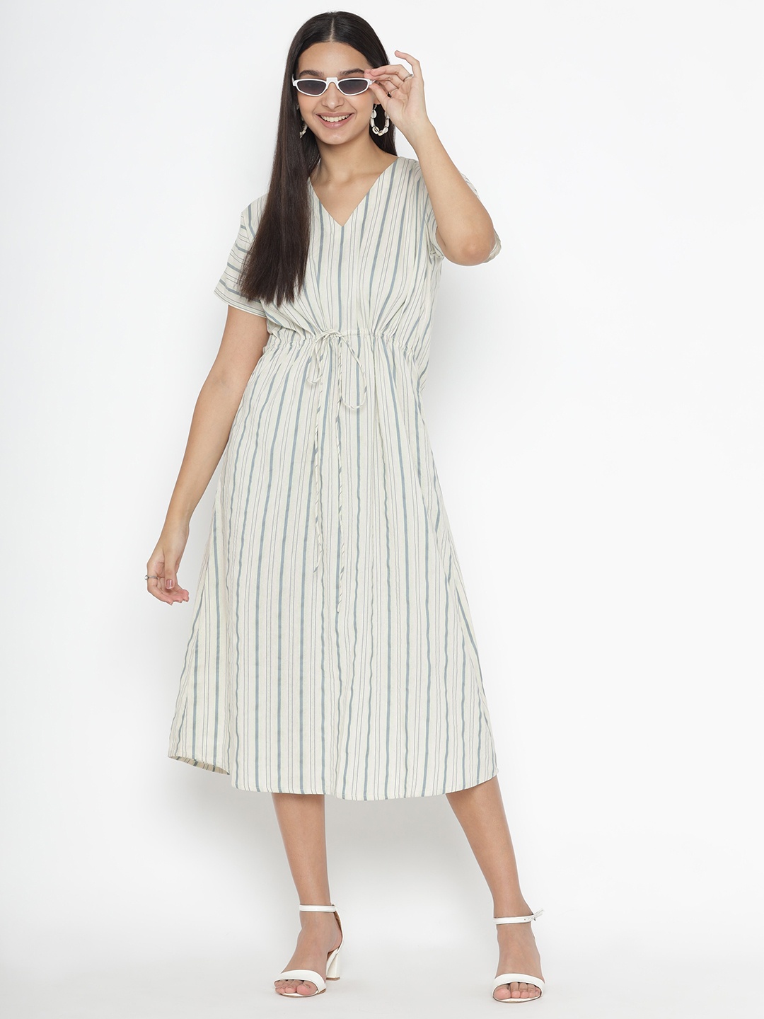 

OCTICS Striped Extended Sleeves Cotton A-Line Midi Dress, Cream