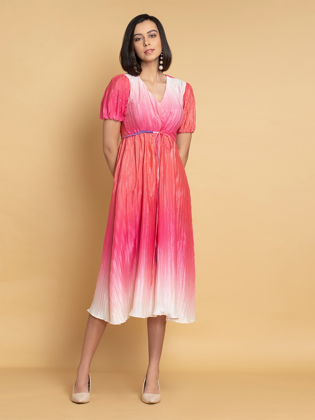 

OCTICS Ombre Tie and Dye Puff Sleeves Chiffon Fit & Flare Midi Dress, Pink