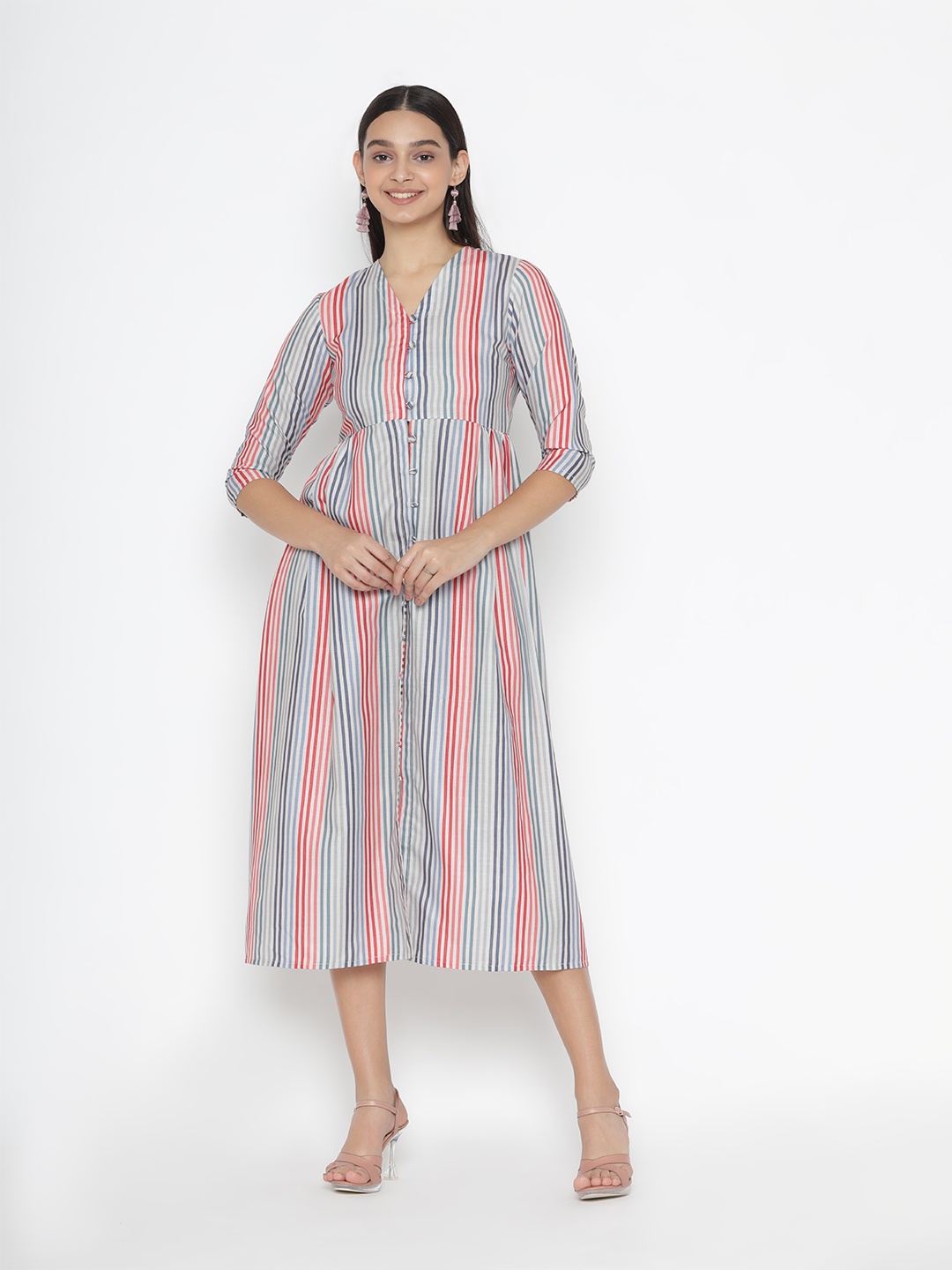 

OCTICS Striped V-Neck A-Line Midi Dress, White