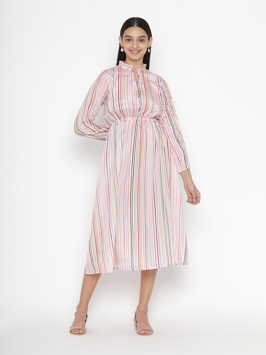 

OCTICS Candy Striped Puff Sleeves Tie-Ups Neck Chiffon Blouson Midi Dress, White