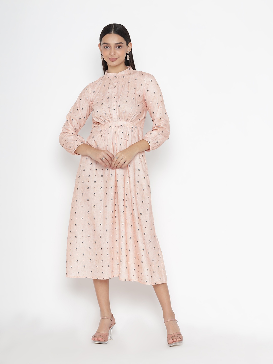 

OCTICS Pink Floral Print Fit & Flare Midi Dress