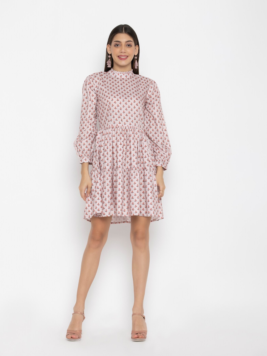 

OCTICS Floral Printed High Neck Cuffed Sleeves Fit & Flare Dress, Cream