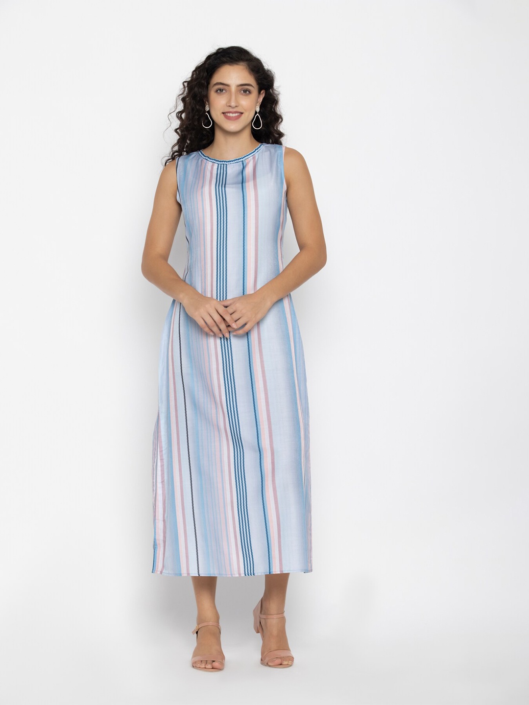 

OCTICS Striped Sleeveless A-Line Midi Dress, White