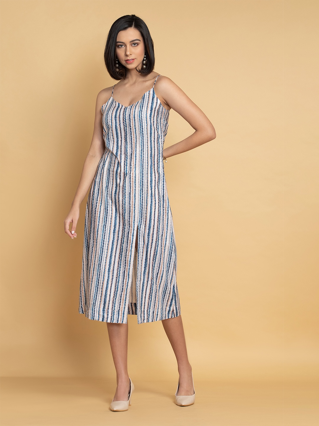 

OCTICS Striped Shoulder Straps A-Line Midi Dress, Cream
