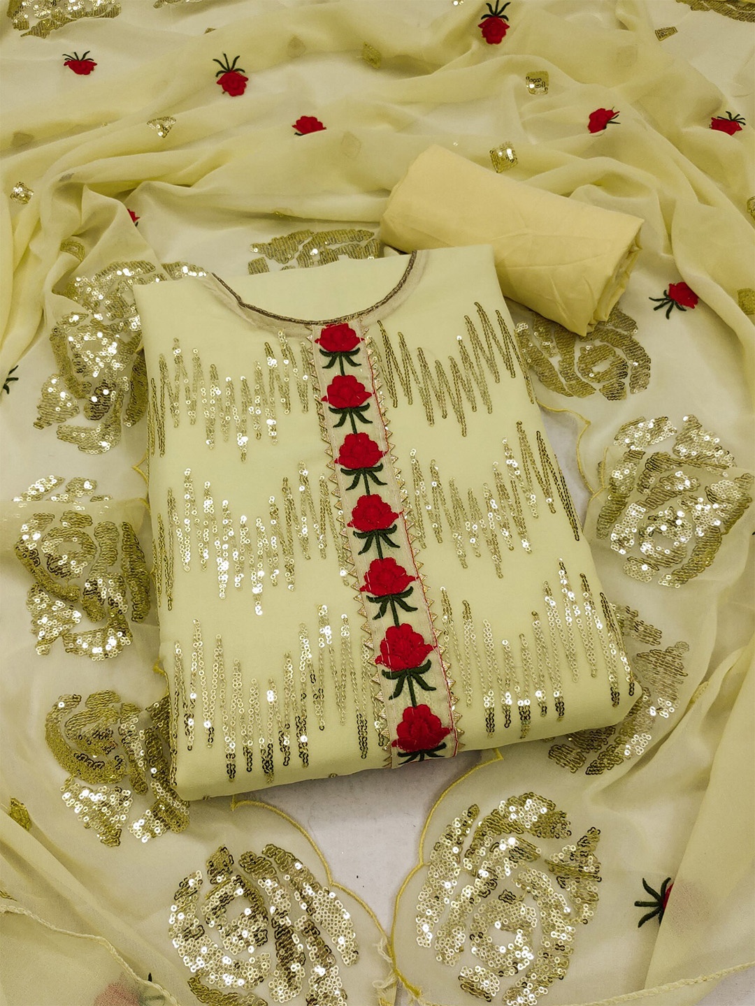 

KALINI Embroidered Sequinned Unstitched Dress Material, Yellow