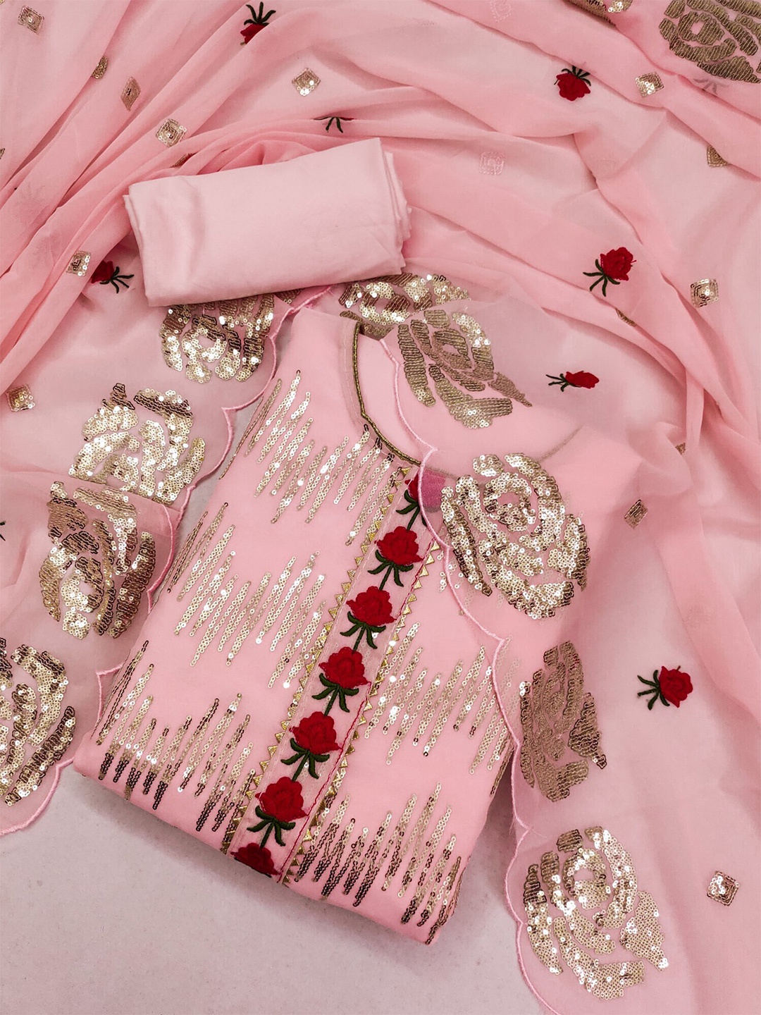 KALINI Floral Embroidered Sequinned Unstitched Dress Material, Pink
