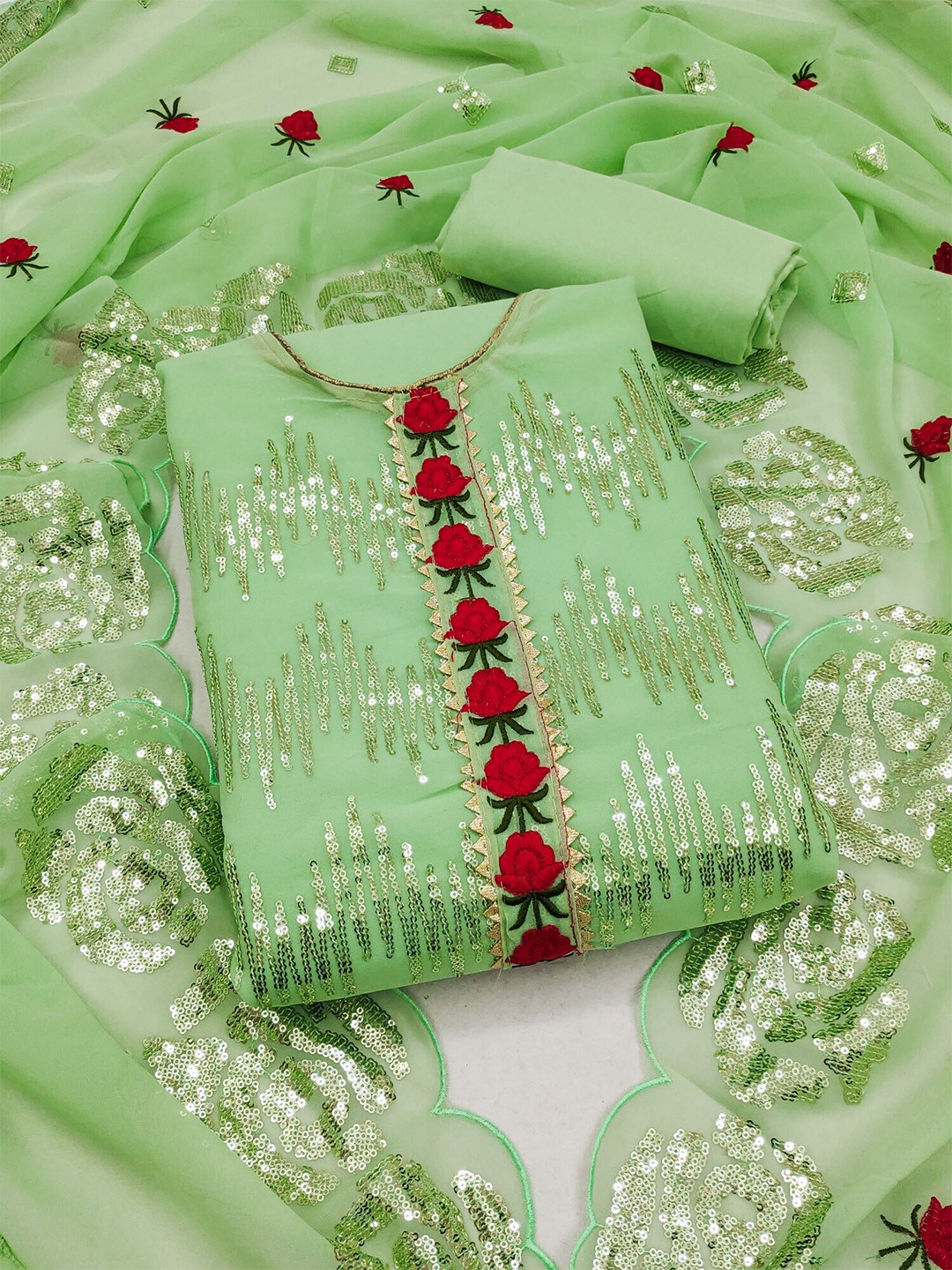 

KALINI Floral Embroidered Sequinned Unstitched Dress Material, Green