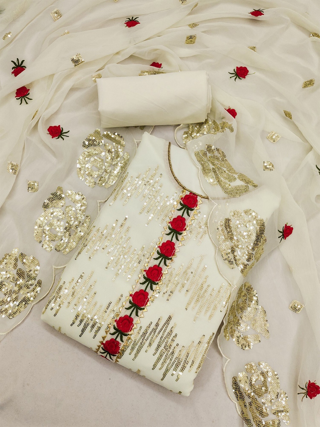 

KALINI Floral Embroidered Sequinned Unstitched Dress Material, White