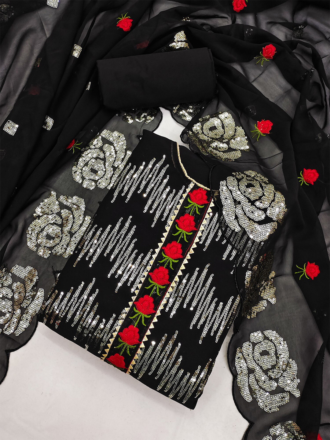 

KALINI Floral Embroidered Sequinned Unstitched Dress Material, Black