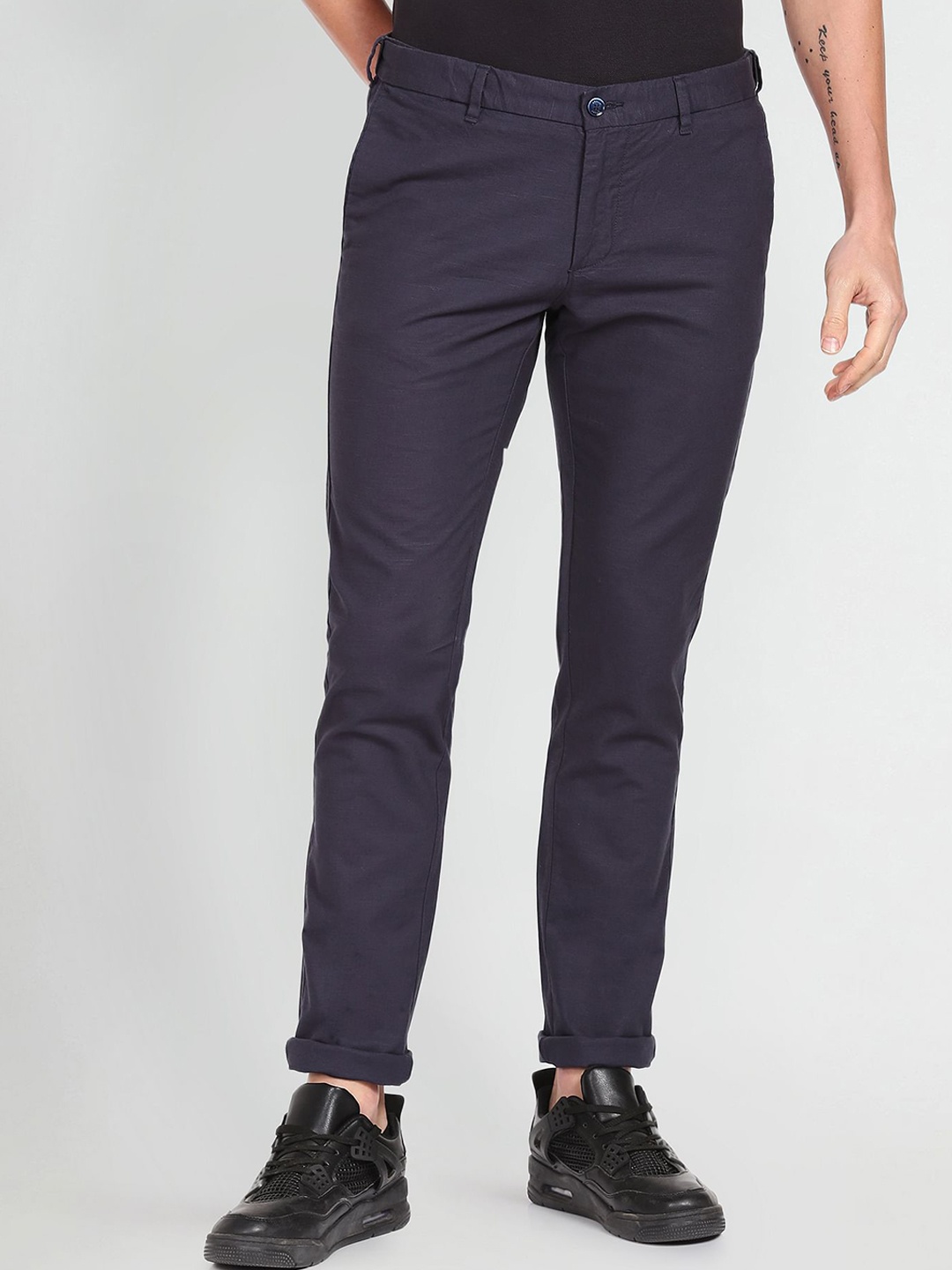 

Arrow Sport Men Slim Fit Low Rise Bronson Slim Fit Trousers, Blue