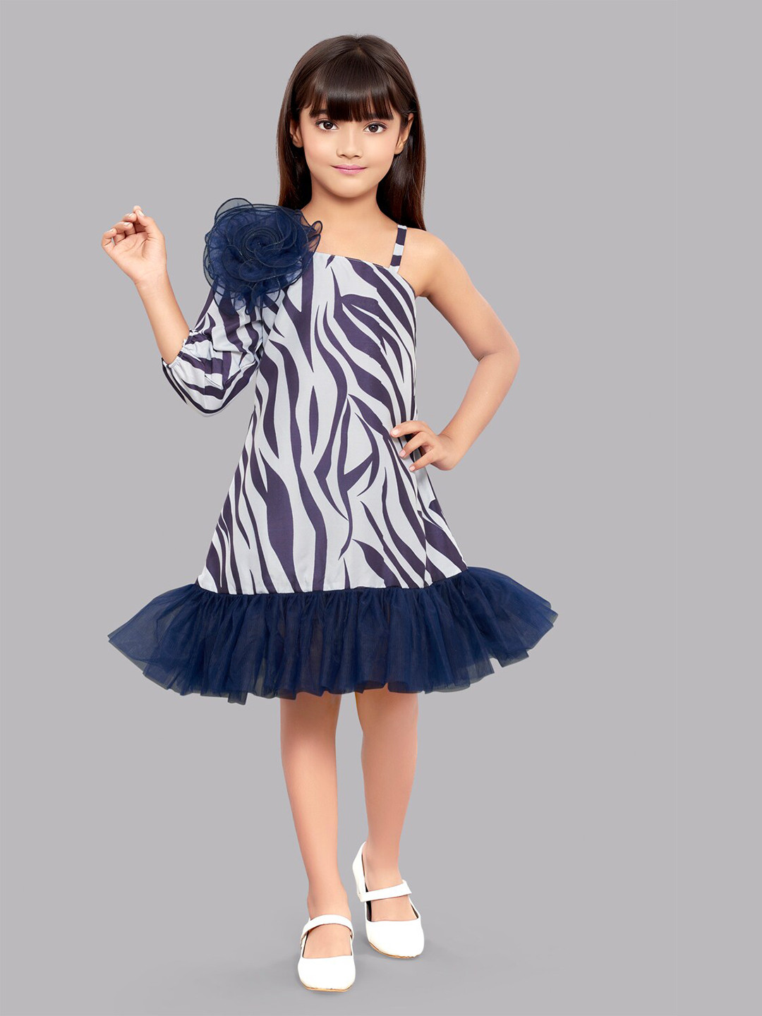 

Pink Chick Girls Abstract Printed One Shoulder Puff Sleeve Applique Drop Waist Dress, Navy blue