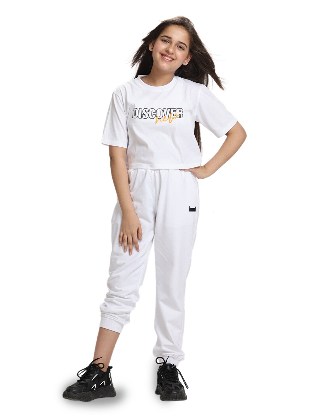 

SIDROCK Girls Printed Pure Cotton T-shirt with Trousers, White