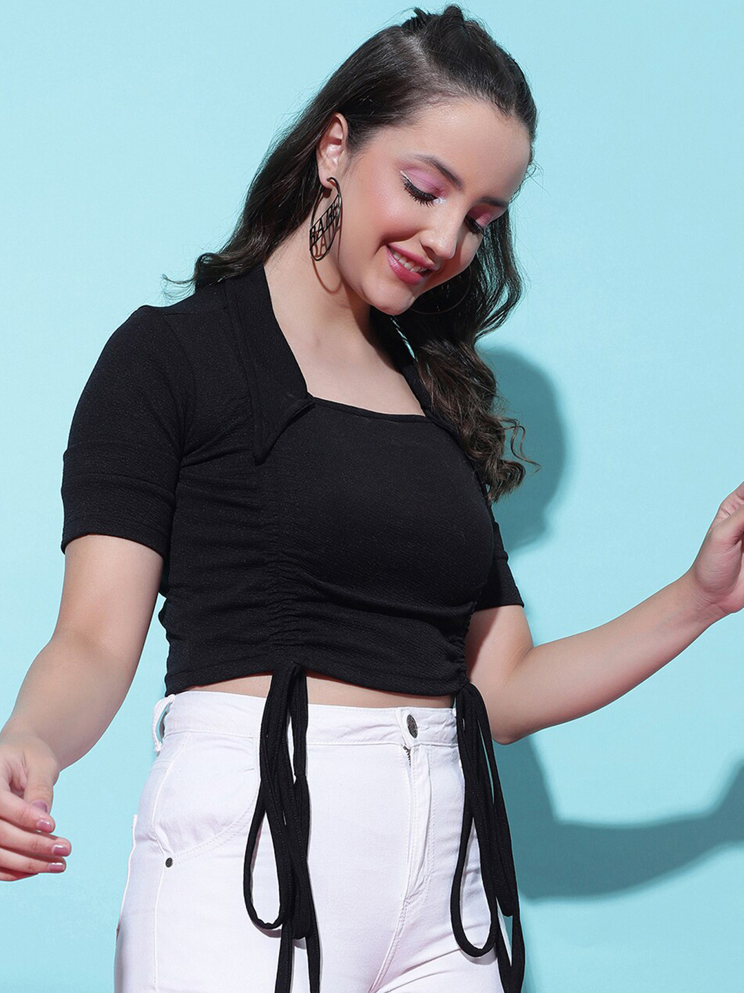 

Selvia Shirt Collar Ruched Crop Top, Black