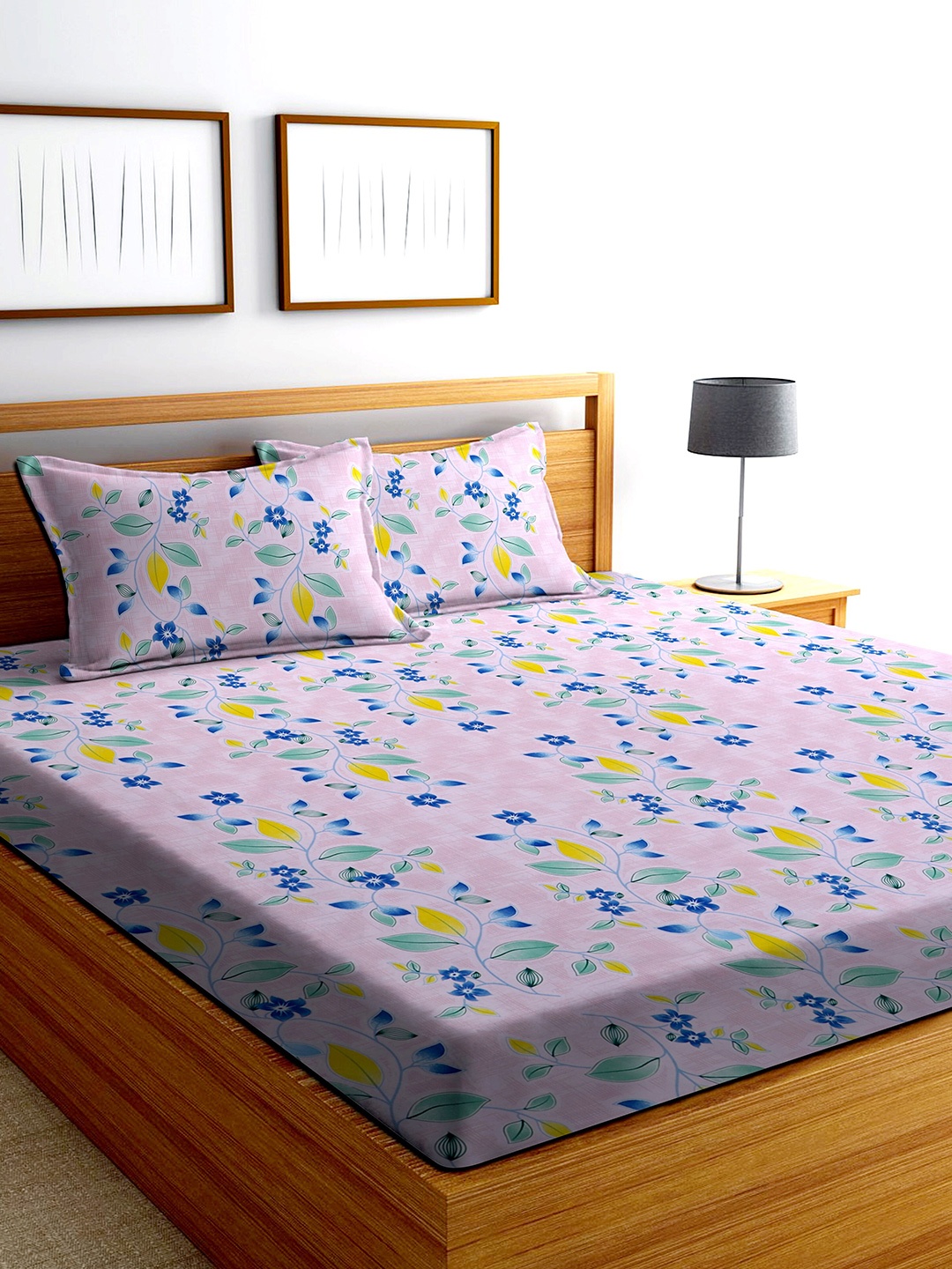 

MODEFE Pink & Blue Floral 180 TC Queen Bedsheet & 2 Pillow Covers