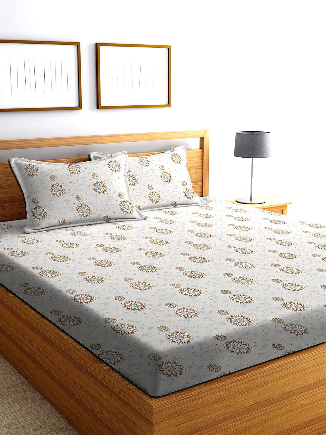 

MODEFE Off White & Brown Ethnic Motifs 180 TC Queen Bedsheet & 2 Pillow Covers