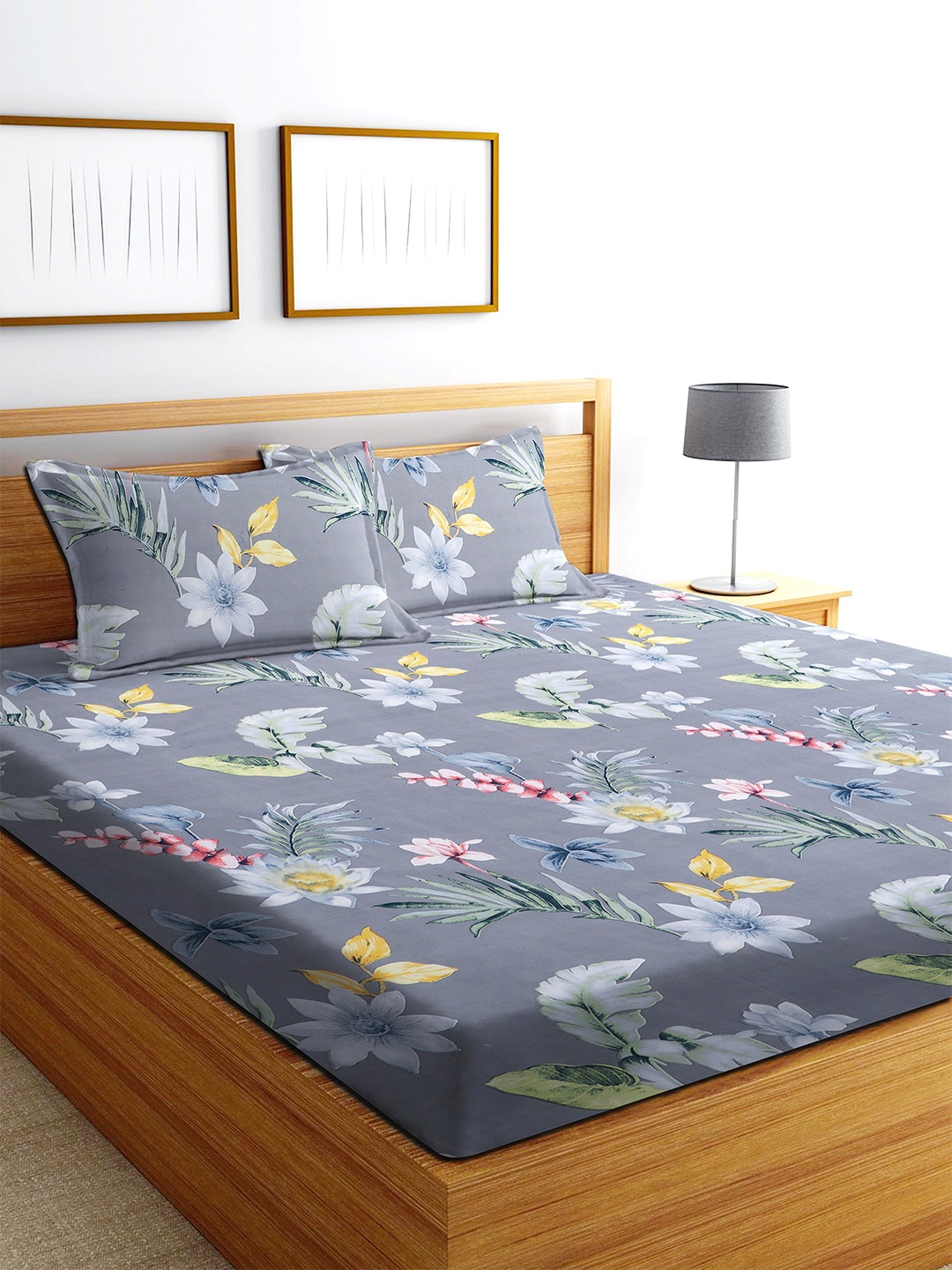 

MODEFE Grey & Yellow Floral 180 TC Queen Bedsheet & 2 Pillow Covers