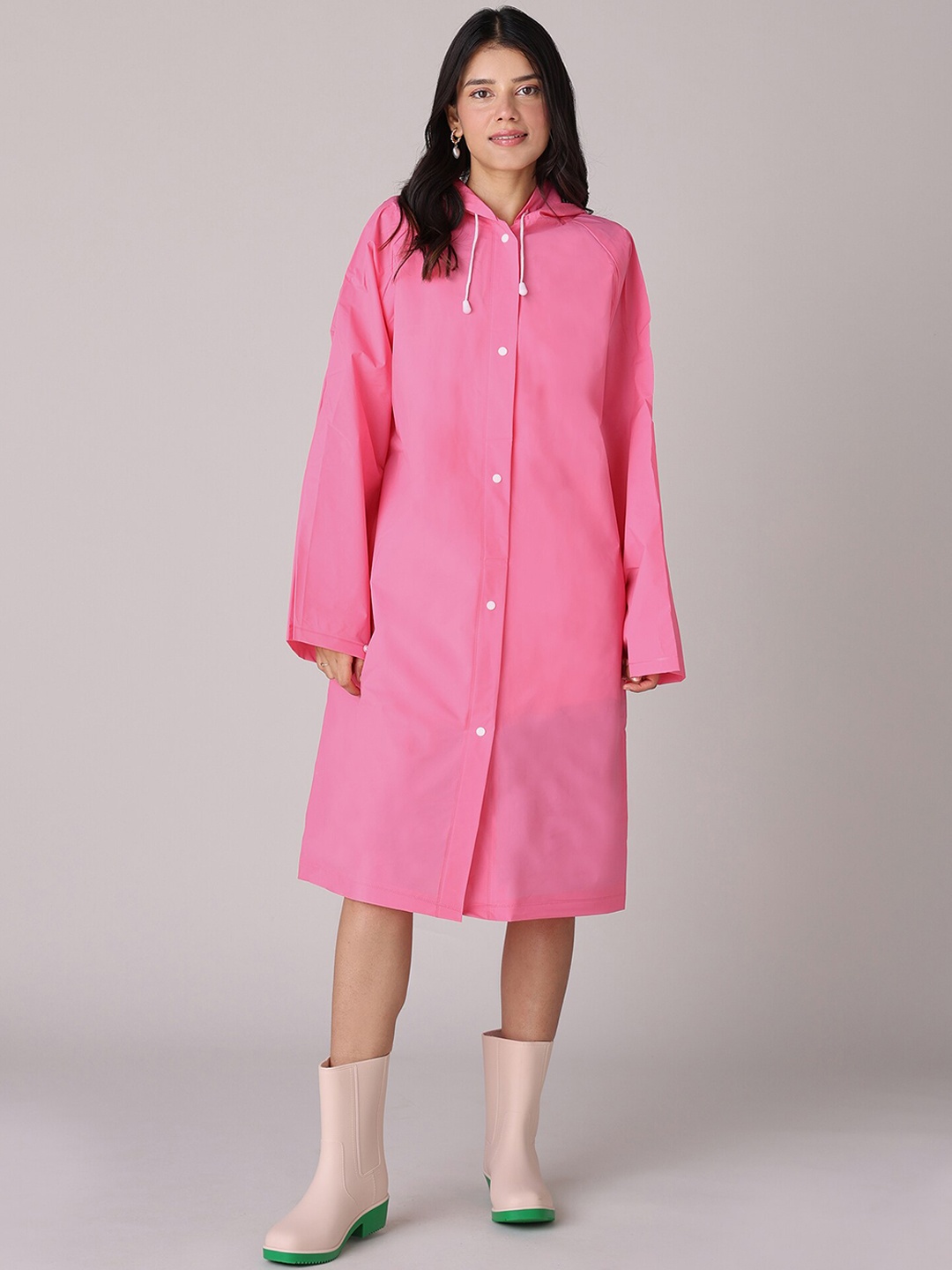 

20Dresses Pink Hooded Knee Length Rain Jacket