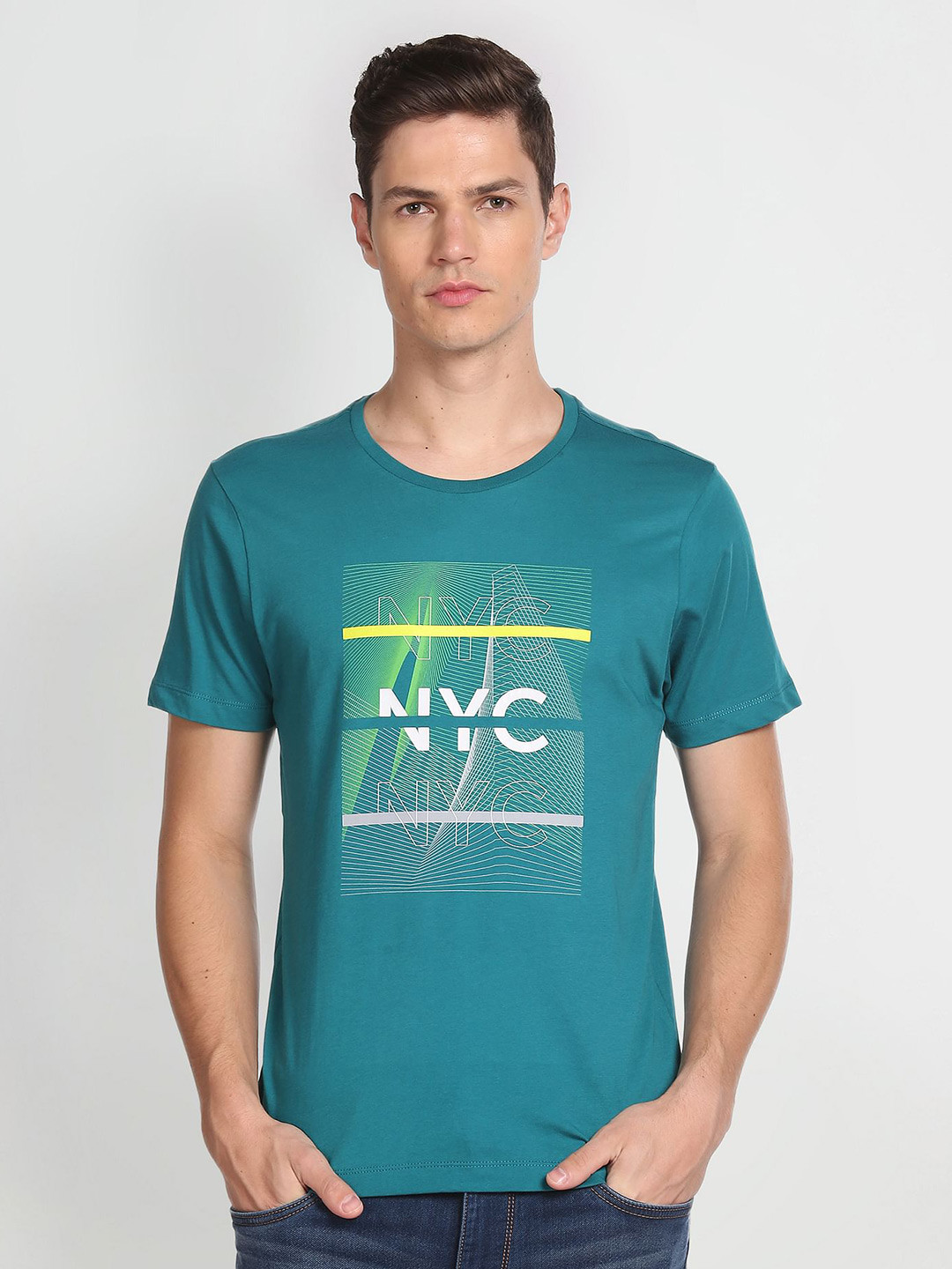 

Arrow New York Typography Printed Round Neck Pure Cotton T-shirt, Green