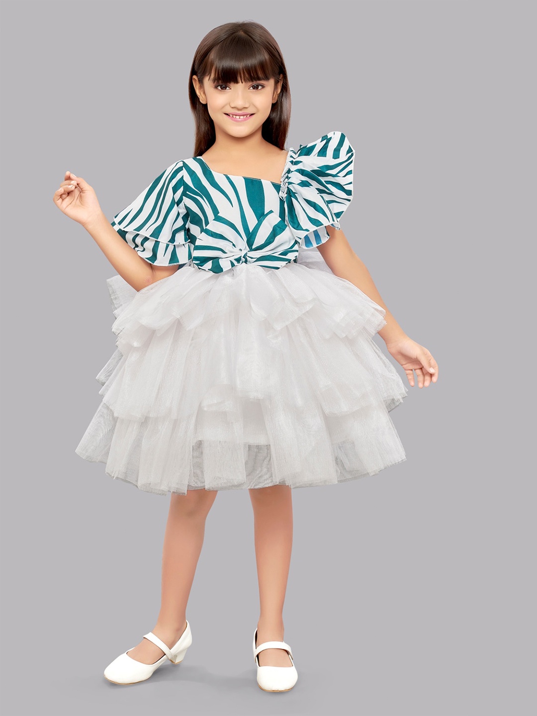 

Pink Chick Girls Animal Printed Layered Asymmetrical Neck Flutter Sleeve Fit & Flare Dress, Teal