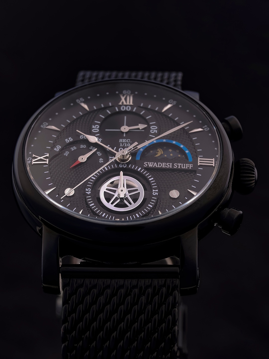 

SWADESI STUFF Men Bracelet Style Straps Analogue Multi Function Watch MOONBLK, Black