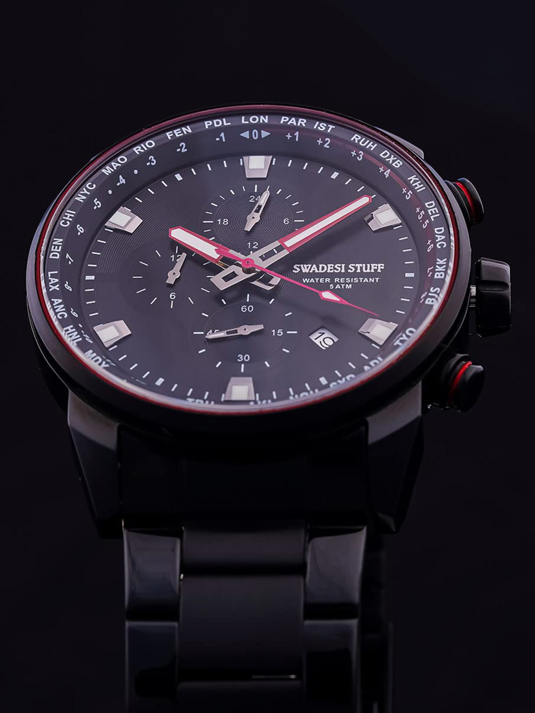 

SWADESI STUFF Men Bracelet Style Straps Analogue Multi Function Watch GTBLK, Black