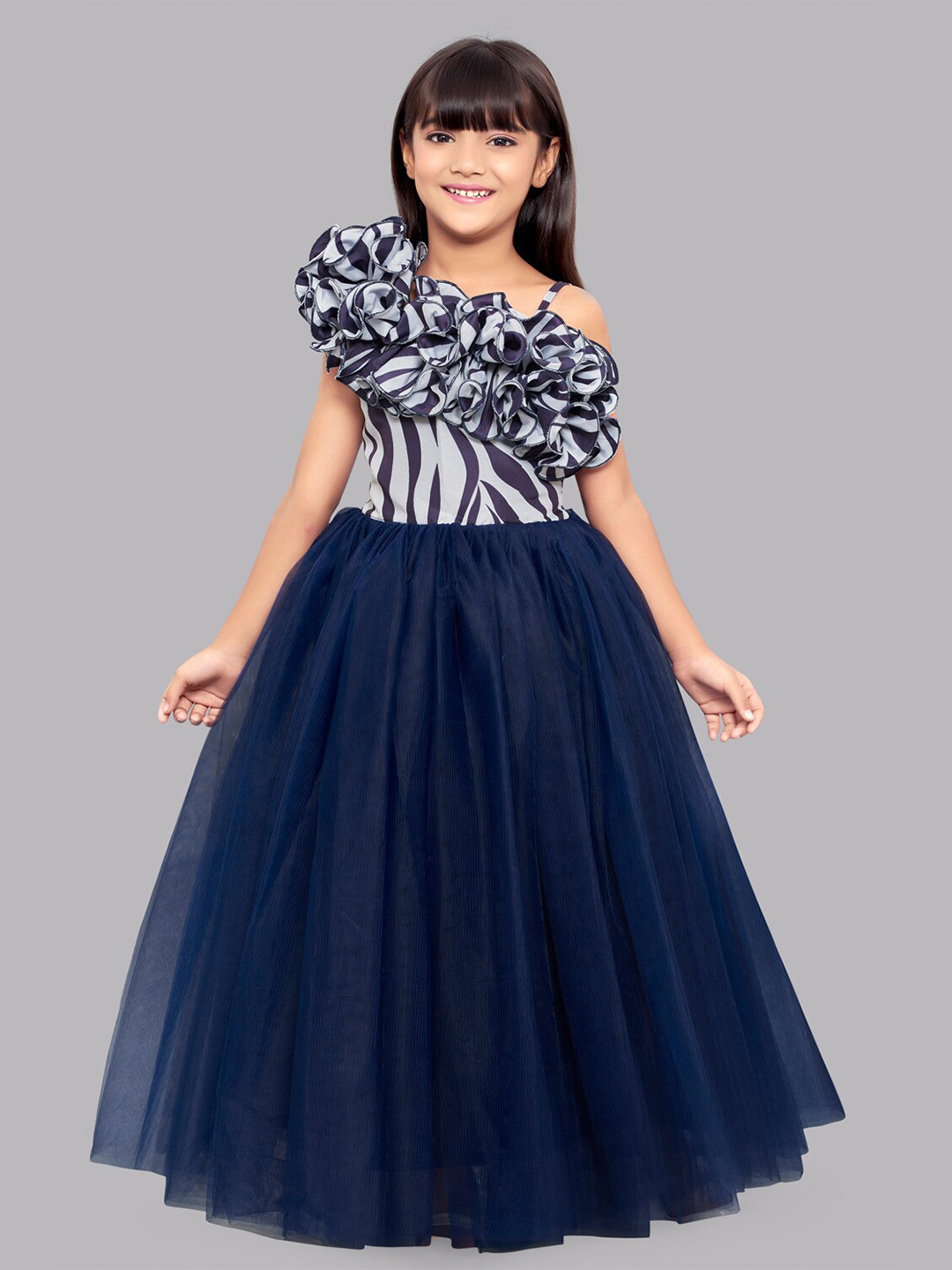 

Pink Chick Girls Animal Printed Ruffled Detail Asymmetrical Neck Fit & Flare Maxi Dress, Navy blue