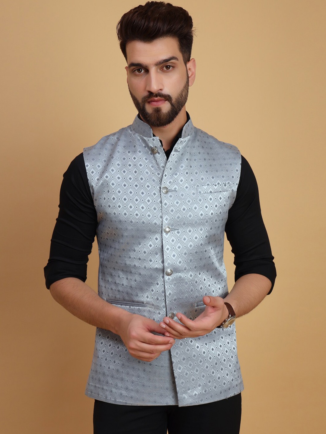 

Vandnam Fabrics Mandarin Collar Woven Design Nehru Jacket, Blue