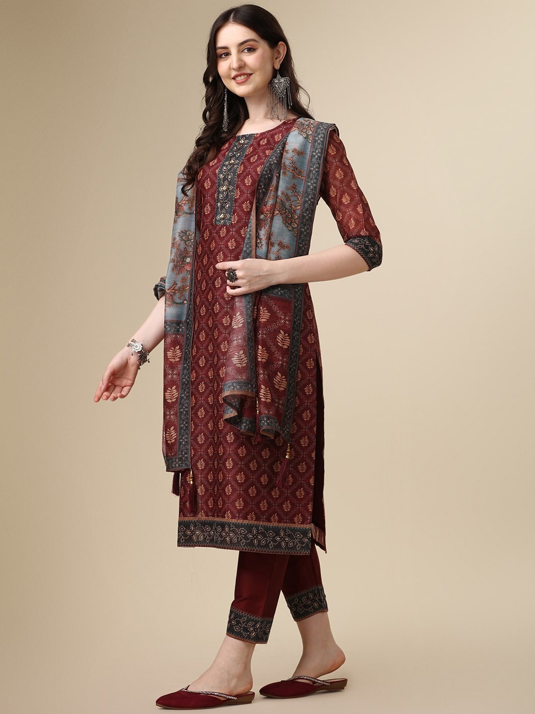 

Berrylicious Ethnic Motifs Printed Chanderi Cotton Kurta with Trousers & Dupatta, Maroon