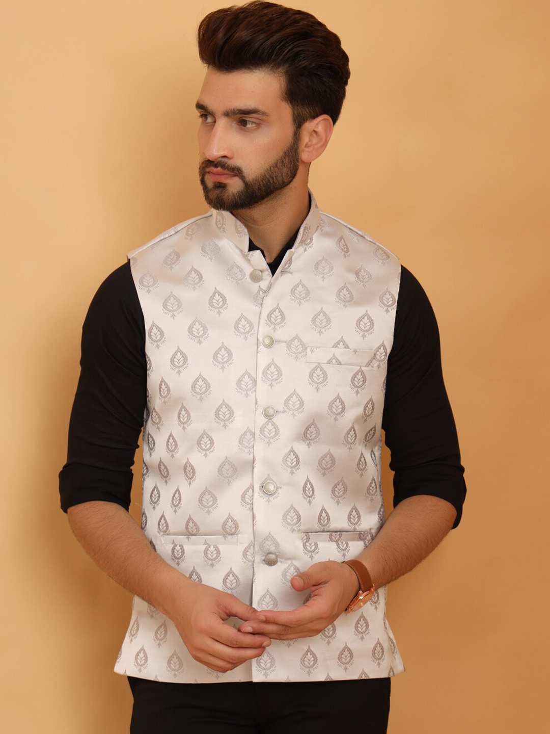 

Vandnam Fabrics Mandarin Collar Woven Design Nehru Jacket, Peach