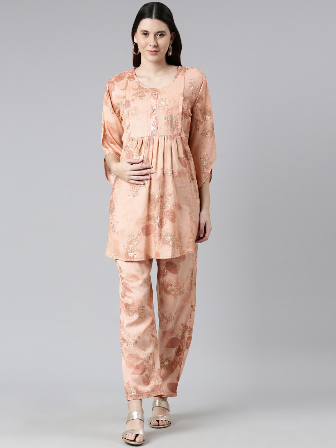 

GOLDSTROMS Floral Printed Pleated Maternity Nightsuit, Peach