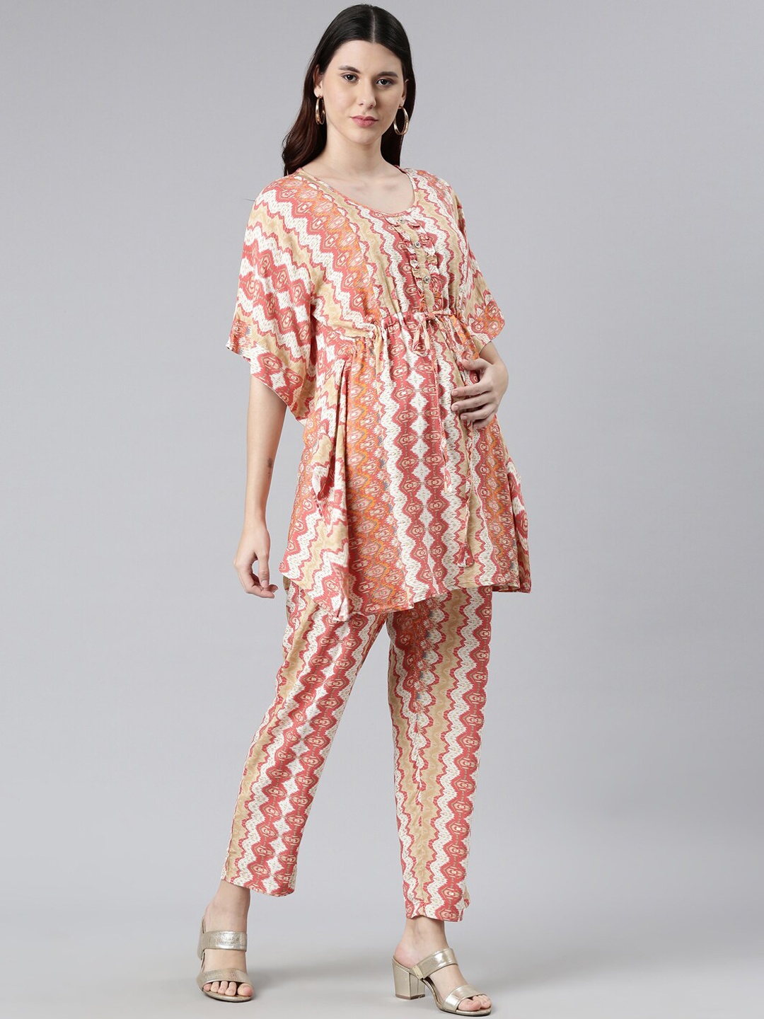 

GOLDSTROMS Maternity Feeding Printed Kaftan Tunic & Trousers, Peach