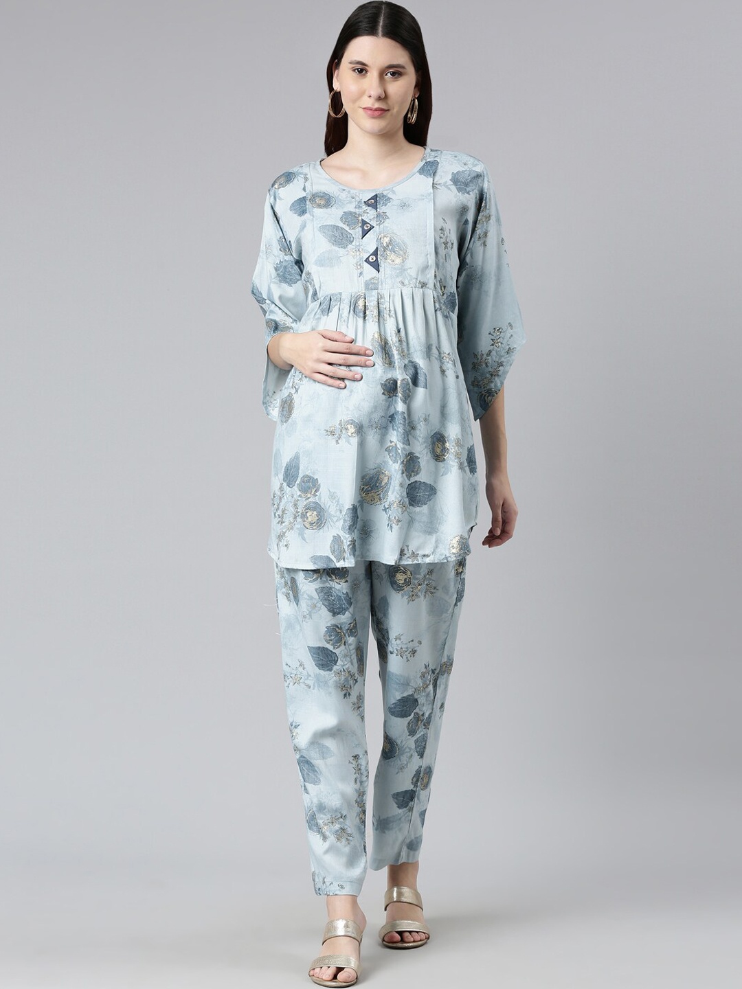 

GOLDSTROMS Floral Printed Pleated Maternity Nightsuit, Blue