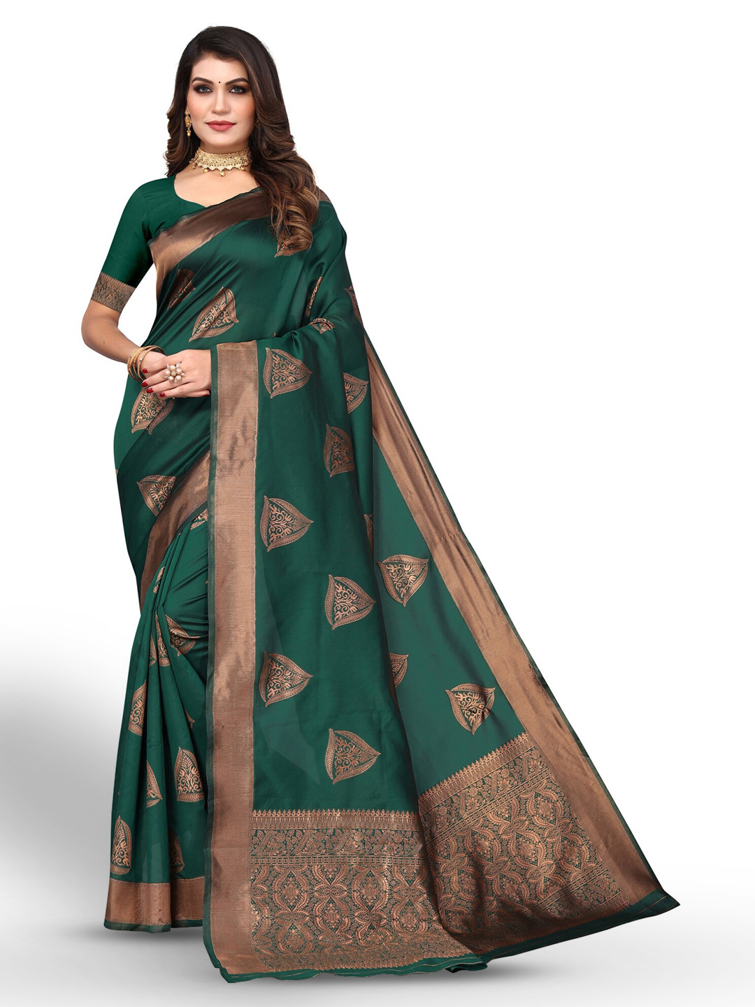 

DIVASTRI Ethnic Motifs Woven Design Zari Silk Cotton Banarasi Saree, Green
