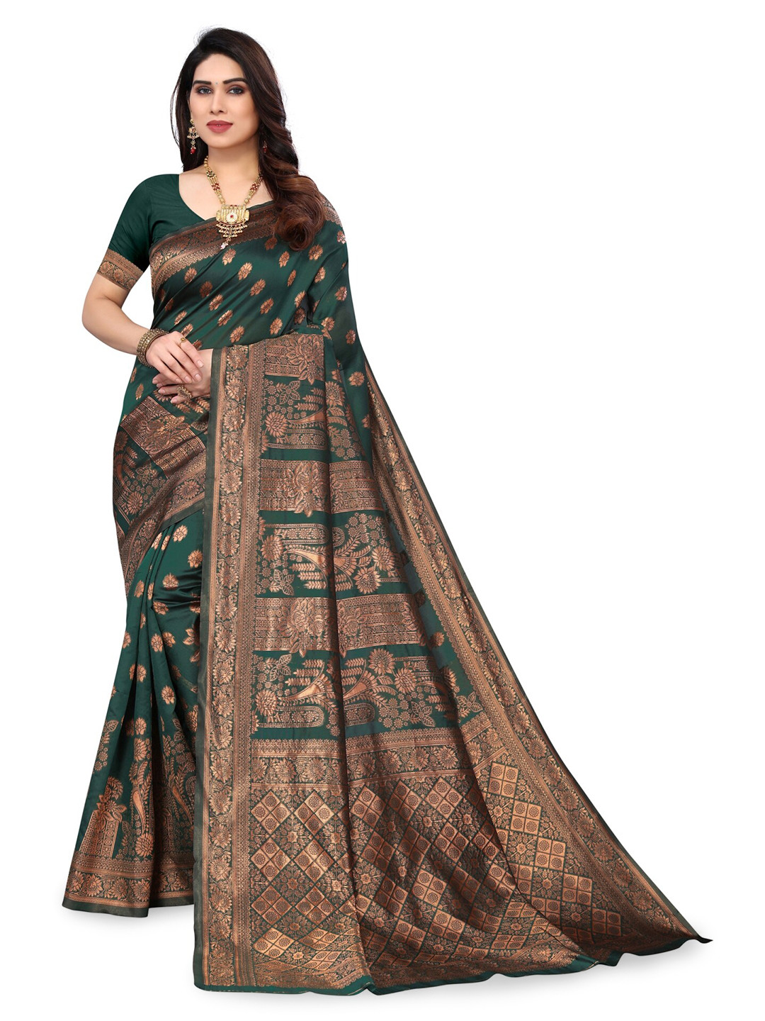

DIVASTRI Ethnic Motifs Woven Design Zari Banarasi Saree, Green