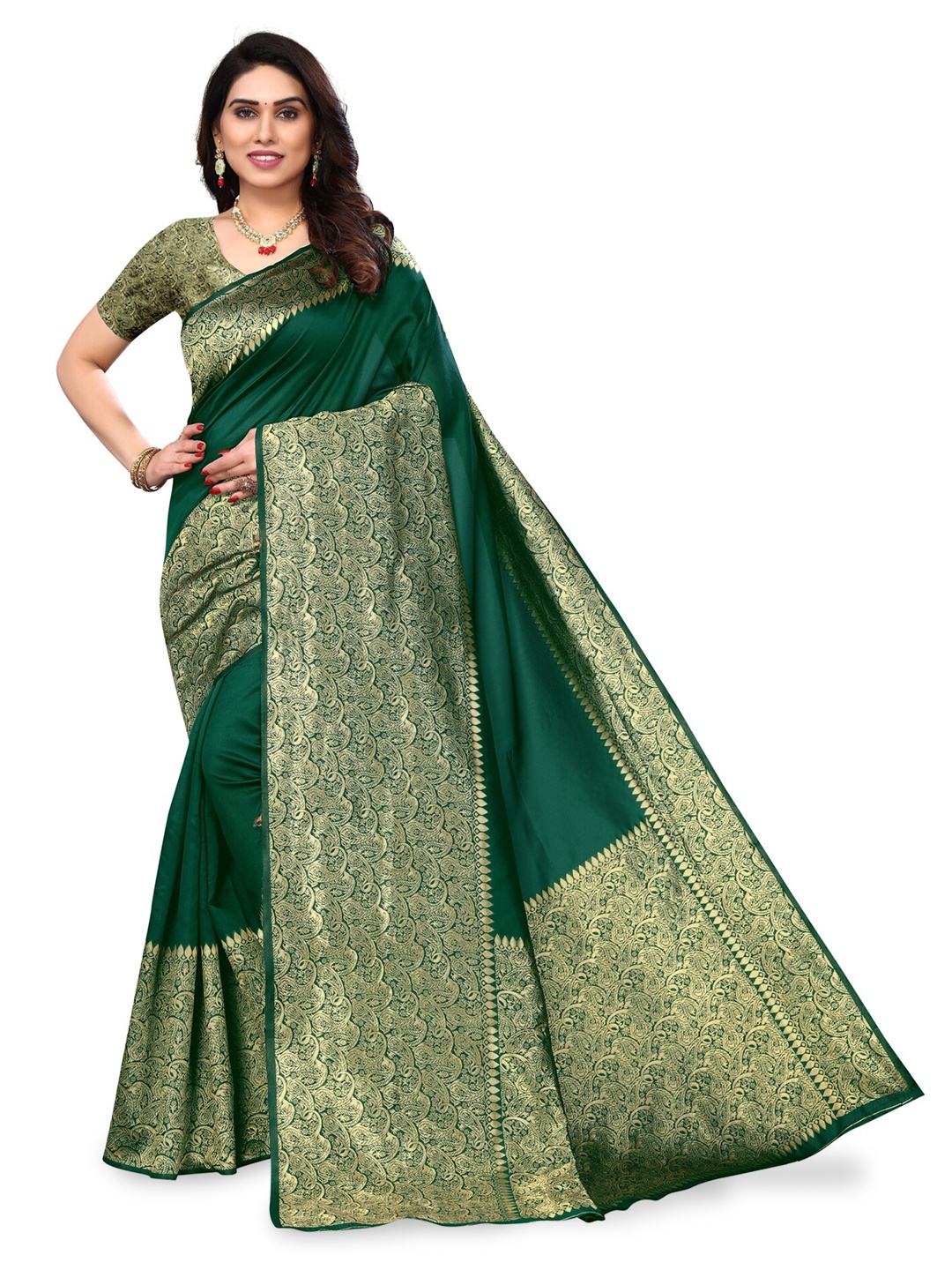 

DIVASTRI Woven Design Border Silk Cotton Zari Banarasi Saree, Green