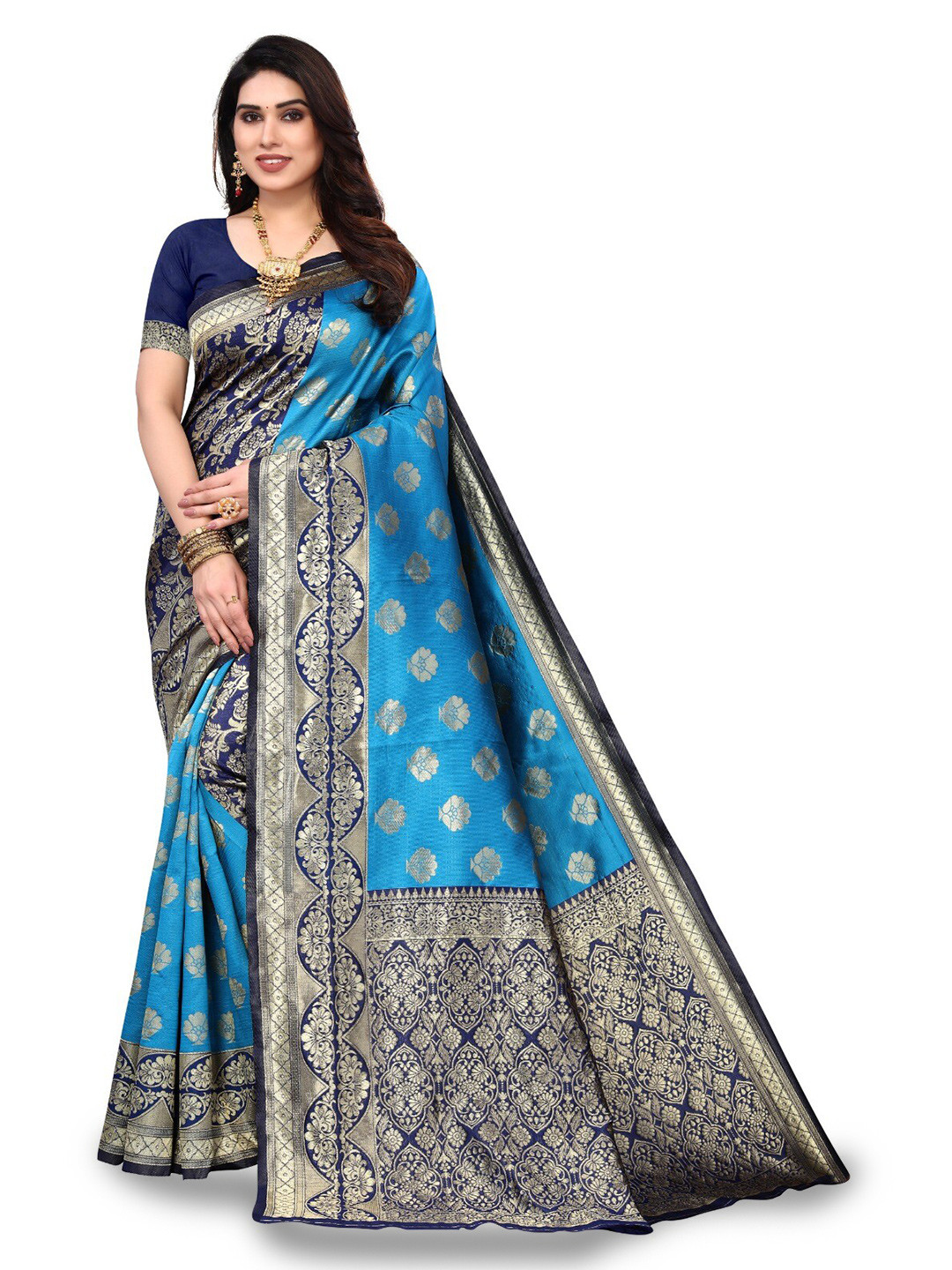 

DIVASTRI Ethnic Motifs Woven Design Zari Banarasi Saree, Blue