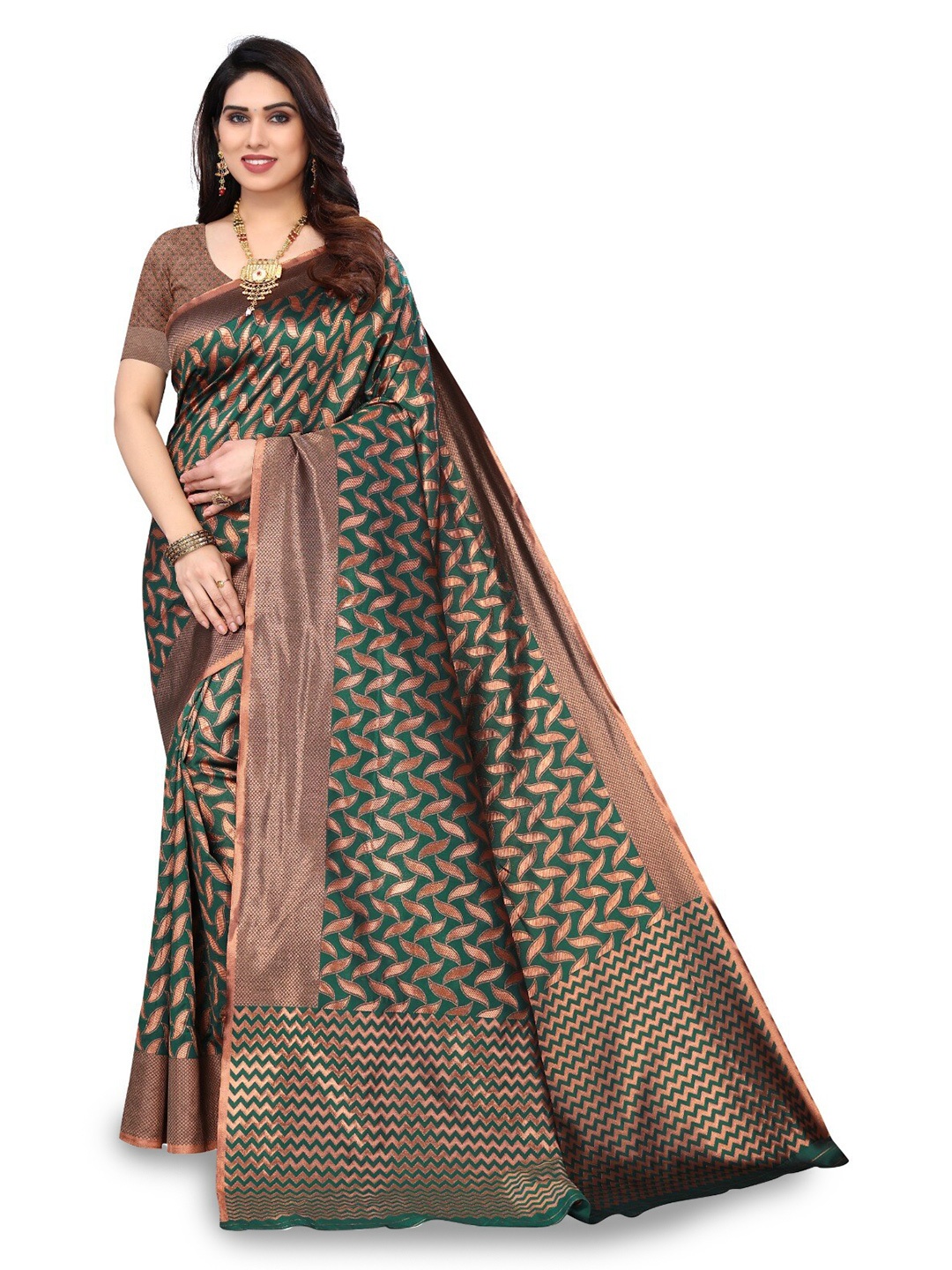 

DIVASTRI Ethnic Motifs Zari Silk Blend Banarasi Saree, Green