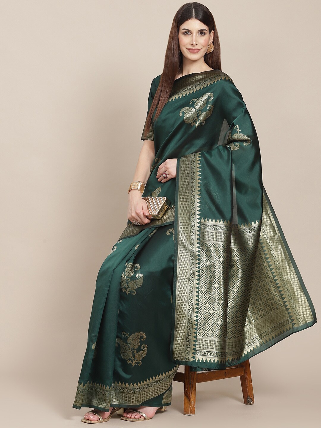 

DIVASTRI Paisley Woven Design Zari Silk Cotton Banarasi Saree, Green