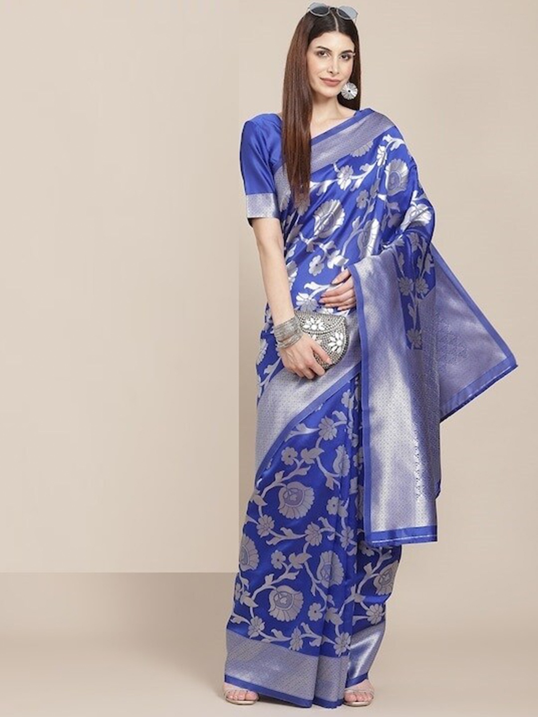 

DIVASTRI Ethnic Motifs Zari Silk Blend Banarasi Saree, Blue