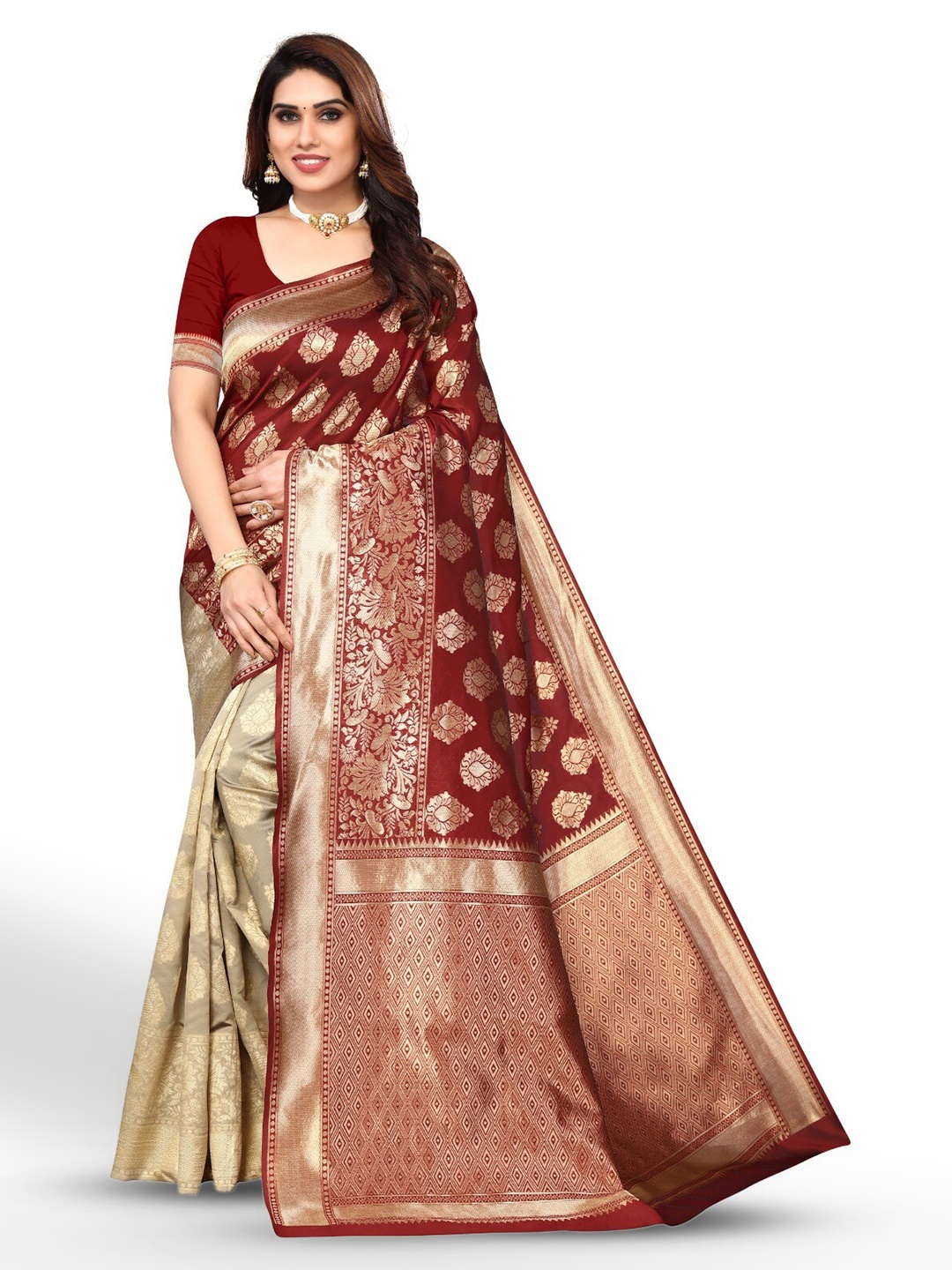 

DIVASTRI Ethnic Motifs Zari Silk Blend Banarasi Saree, Maroon