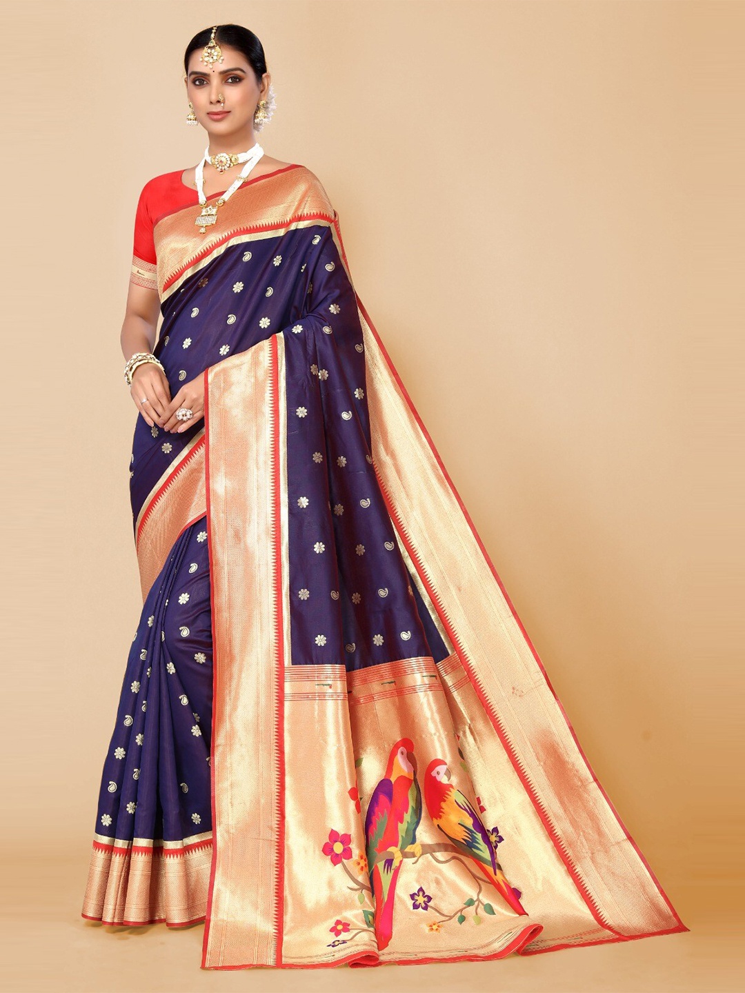 

DIVASTRI Paisley Woven Design Zari Silk Cotton Banarasi Saree, Blue