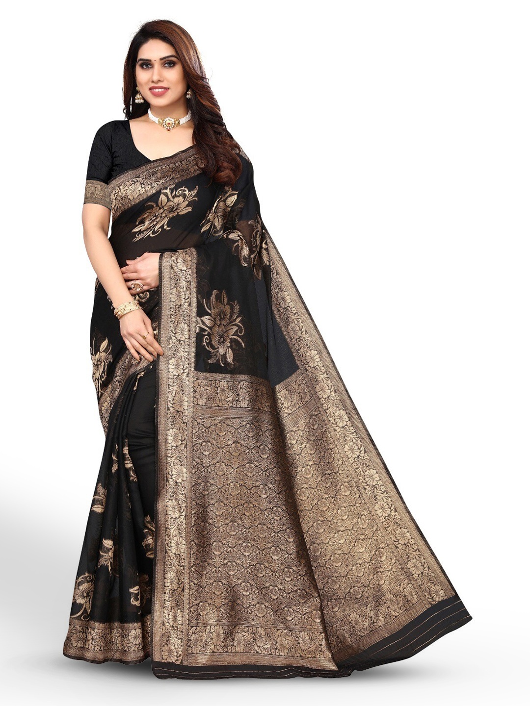 

DIVASTRI Floral Woven Design Silk Cotton Zari Banarasi Saree, Black