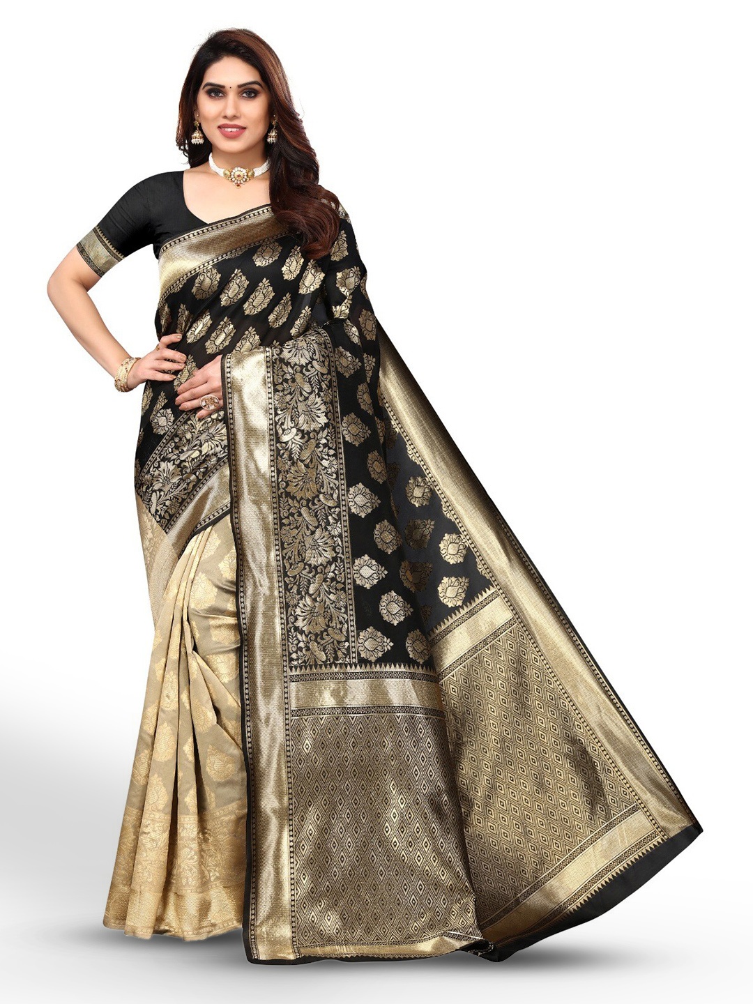 

DIVASTRI Woven Design Zari Silk Cotton Banarasi Saree, Black