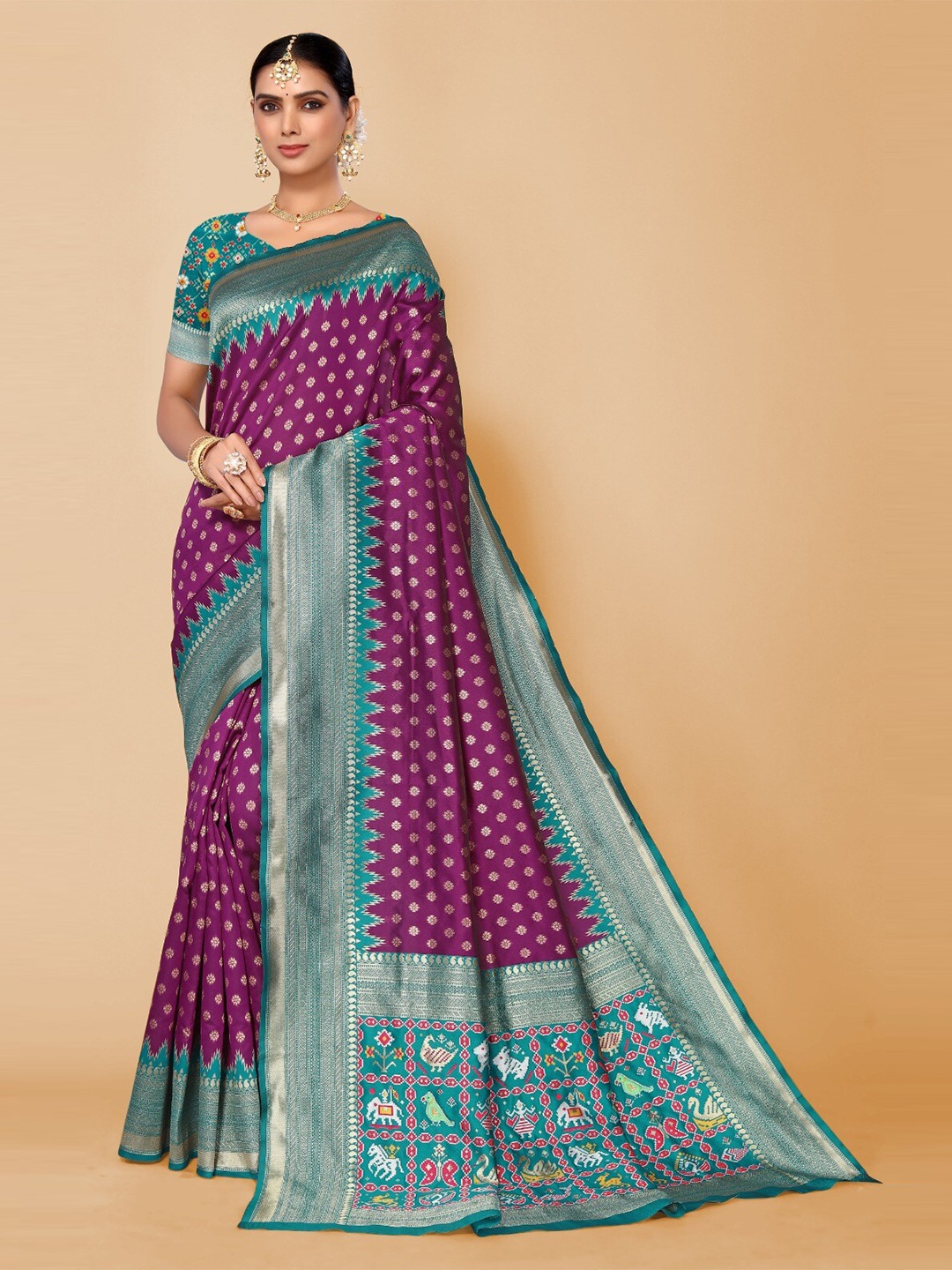

DIVASTRI Floral Woven Design Zari Silk Cotton Banarasi Saree, Purple