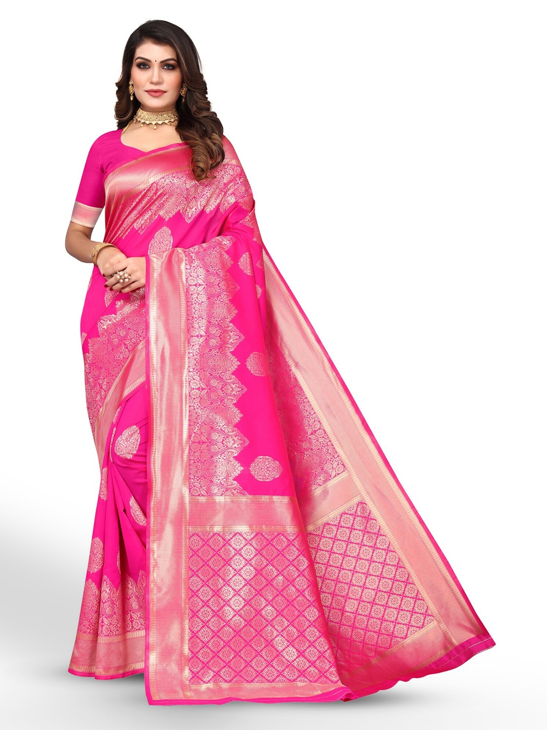 

DIVASTRI Woven Design Zari Silk Cotton Banarasi Saree, Pink