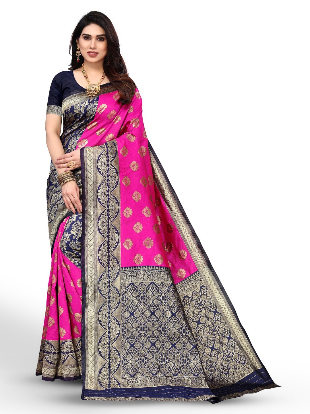 

DIVASTRI Woven Design Zari Silk Cotton Banarasi Saree, Pink