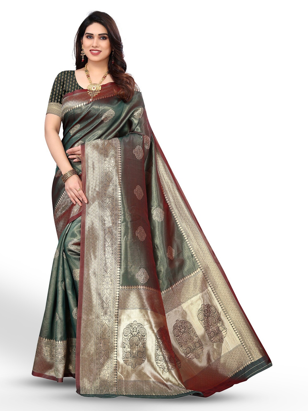 

DIVASTRI Ethnic Motifs Woven Design Zari Banarasi Saree, Green