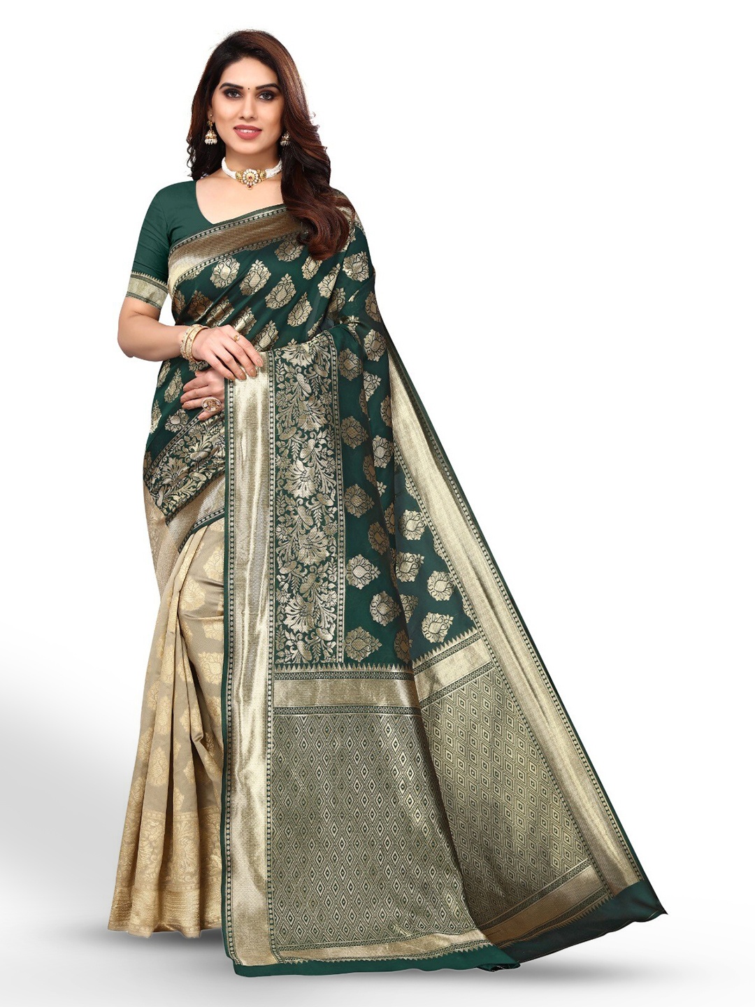 

DIVASTRI Ethnic Motifs Woven Design Zari Silk Cotton Banarasi Saree, Green